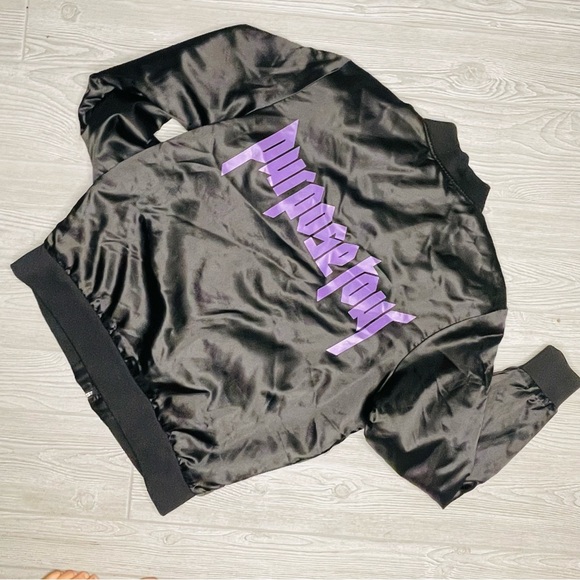 Justin Bieber Purpose Tour Staff Satin Bomber Jacket Size large Black Purple - Picture 5 of 5